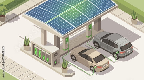 Isometric Electric Vehicle Charging Station with Solar Panels and Green Energy Infrastructure for Sustainable Transport Concepts
