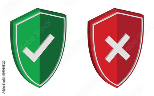 Two shield icons, one green with a white check mark representing approval and the other red with a white cross symbol for rejection. This graphic is useful for indicating status or making choices.