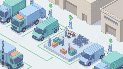 Isometric Electric Vehicle Fleet Charging Station with Maintenance Technicians and Solar Panels for Sustainable Logistics and Green Energy Infrastructure Presentation