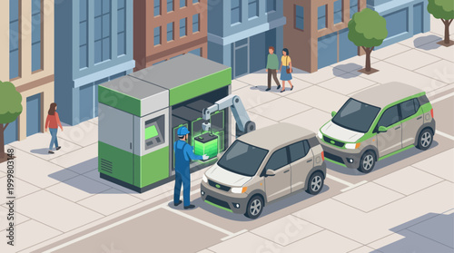 Isometric Electric Vehicle Battery Swapping Station Illustration with Technician and EV Cars for Sustainable Urban Transport and Green Energy Infrastructure Concept