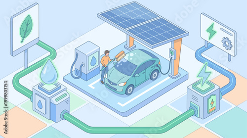 Isometric Eco-Friendly Car Wash and Electric Vehicle Charging Station Concept with Solar Panels