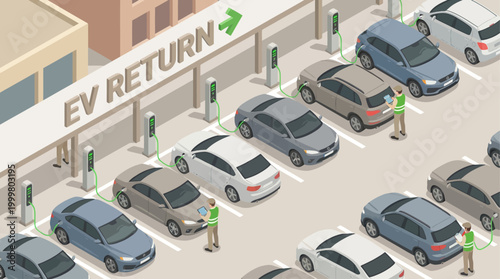 Isometric Electric Vehicle Charging Station with Employees and EV Cars at Rental Return Lot