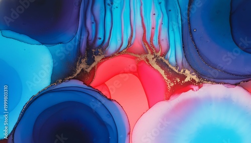 Vibrant abstract background with blue, red, and gold swirls