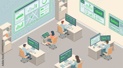 Isometric Smart Office with Employees Monitoring Autonomous Electric Vehicle Fleet Data on Digital Dashboards