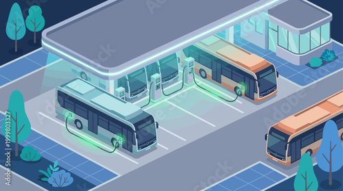 Isometric electric bus charging station with smart grid technology and green energy infrastructure for sustainable urban public transportation and eco-friendly city planning concepts.