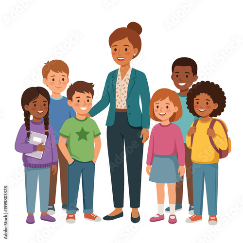 Pretty teacher standing with pupils and classmates portrait