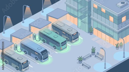 Isometric Electric Bus Depot Charging Station with Modern Eco-Friendly Public Transportation Infrastructure for Smart City Urban Planning and Sustainable Energy Presentation