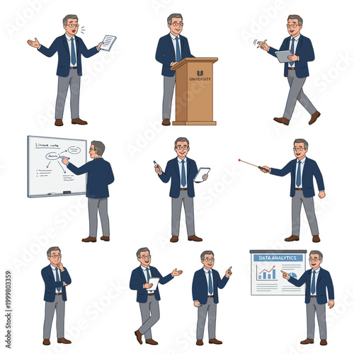 Man lecturer character kit in different professional stances