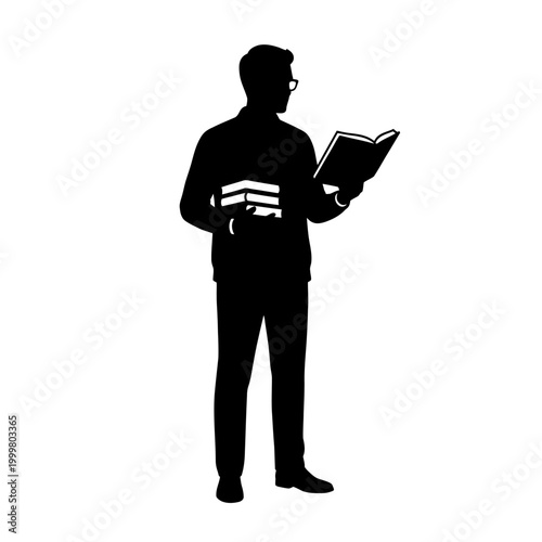 Solid black shadow figures of man educator holding literature