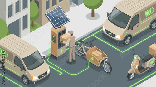 Isometric Sustainable Logistics and Green Delivery Concept with Electric Vehicles, Solar Charging Station, and Courier Service
