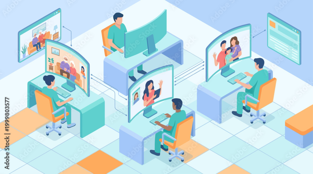 Fototapeta premium Isometric Telehealth Consultation and Remote Patient Monitoring Vector Illustration for Healthcare Technology Presentations