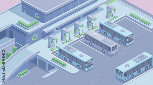 Isometric Electric Bus Charging Station Illustration for Sustainable Public Transportation and Green Energy Infrastructure Design