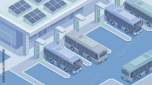 Isometric Electric Bus Station with Solar Panels and Charging Infrastructure for Sustainable Public Transportation and Green City Infrastructure Concept