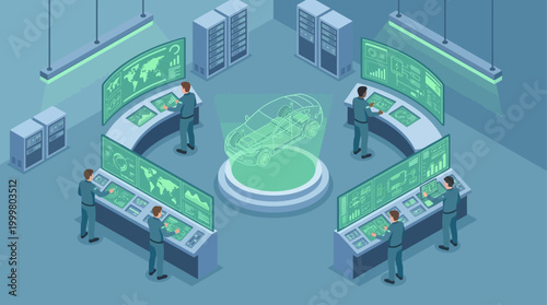 Isometric Automotive Engineering Control Center with Engineers Monitoring Electric Vehicle Development on Digital Displays and Holographic Car Interface