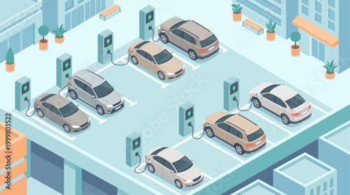 Isometric electric vehicle charging station in modern city parking lot, eco-friendly transportation concept with EV cars plugged into chargers, sustainable urban infrastructure design element