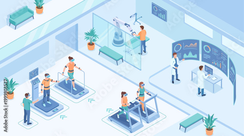 Isometric Virtual Reality Fitness Lab and Science Research Center with People Exercising and Data Analytics