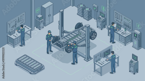 Isometric Electric Vehicle Service Center with Technicians Repairing EV Battery Chassis for Automotive Technology Presentation