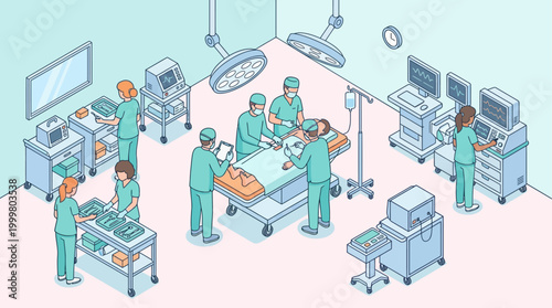 Isometric Hospital Operating Room Illustration with Surgical Team Performing Surgery, Medical Healthcare Concept for Presentation and Web Design