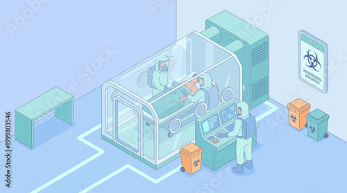 Isometric medical quarantine unit with doctors in hazmat suits treating patient, biohazard laboratory environment for viral outbreak research and infectious disease control, vector illustration style