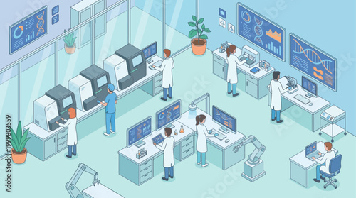 Isometric Laboratory Research Center with Scientists Using DNA Analysis Technology and Robotic Automation for Biotech Innovation, Medical Development and Pharmaceutical Digital Transformation