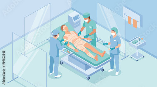 Isometric Medical Surgery Illustration with Surgeons and Patient in Hospital Operating Room for Healthcare Presentation