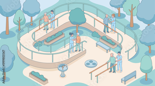 Isometric nursing home park with elderly people doing rehabilitation exercises with physiotherapists, medical care concept for healthcare presentation