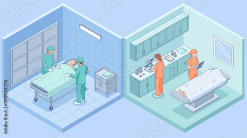 Isometric Hospital Interior with Operating Room and Medical Laboratory, Doctors and Surgeons Performing Surgery and Research, Healthcare Infographic Design Element