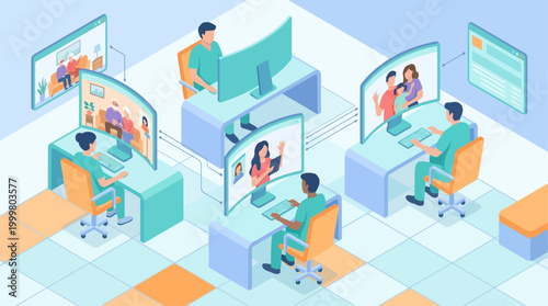 Isometric Telehealth Consultation and Remote Patient Monitoring Vector Illustration for Healthcare Technology Presentations