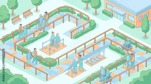 Isometric Nursing Home Exterior with Elderly Rehabilitation and Physical Therapy Outdoor Facility for Senior Healthcare Presentation