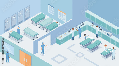 Isometric Hospital and Laboratory Interior with Doctors, Nurses, and Patients for Medical Healthcare Infographics