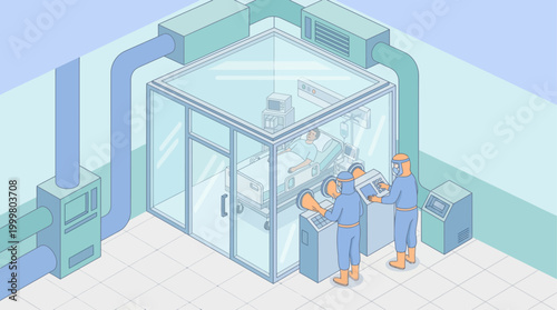 Isometric Hospital Isolation Ward with Doctors Treating Patient in Quarantine Chamber for Medical Presentation and Healthcare Infographic