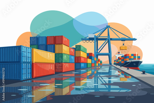Container Port Logistics and Global Shipping Terminal Illustration