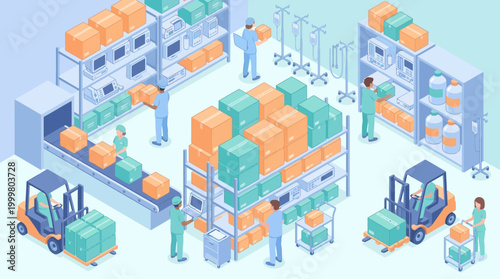 Isometric Hospital Warehouse Logistics with Medical Staff, Supply Chain Management, and Equipment Distribution for Healthcare Systems, Vector Illustration