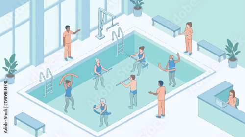 Isometric Hospital Hydrotherapy Pool Illustration with Patients Doing Physical Rehabilitation Exercises under Medical Supervision for Healthcare Presentation