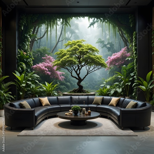 minimalist room with a view of the forest