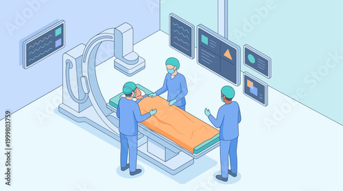 Isometric Hospital Surgery Room Illustration with Surgeons and Medical Imaging Equipment for Healthcare Presentation