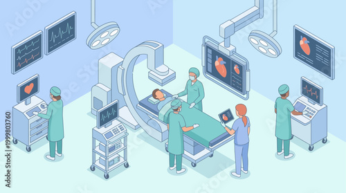 Isometric Hospital Operating Room with Surgeons Performing Cardiac Surgery, Medical Procedure and Healthcare Technology Concept for Presentation Materials and Infographics