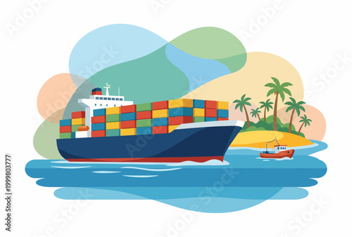 Εκτύπωση καμβά Container Ship Sailing Near Tropical Island Vector Illustration