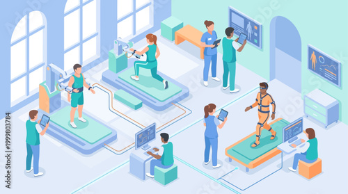 Isometric Hospital Rehabilitation Center with Robotic Physiotherapy and Medical Staff Monitoring Patients for Digital Health and Physical Therapy Presentation