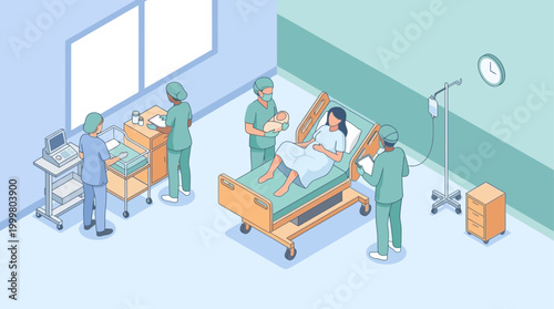 Isometric Hospital Maternity Ward Scene with Doctors and Newborn Baby for Medical Healthcare Presentation