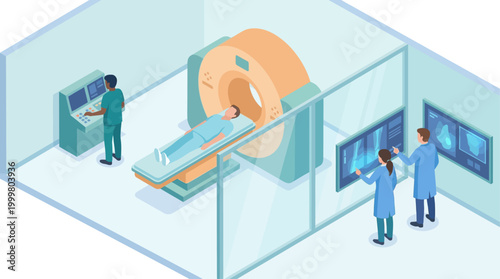 Isometric Hospital MRI Scan Room Illustration with Medical Staff and Patient, Healthcare Technology Concept for Digital Marketing and Educational Infographics