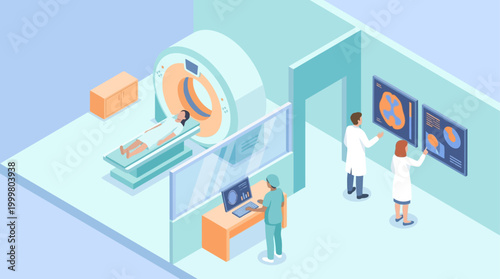 Isometric Hospital MRI Scan Room with Doctors and Patient, Medical Diagnostic Imaging Illustration for Healthcare Presentations and Digital Health Concepts