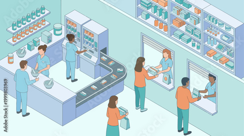 Isometric Hospital Pharmacy Interior with Pharmacists and Patients, Digital Health and Medical Supply Chain Illustration for Healthcare Infographics and Medical Presentations