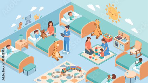 Isometric Pediatric Hospital Ward with Doctors, Nurses, and Children Playing. Healthcare Concept for Children's Medical Center, Clinic, or Wellness Education. Modern Vector Illustration.