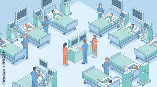 Isometric Hospital Ward Illustration with Doctors and Patients in Intensive Care Unit for Medical Presentation