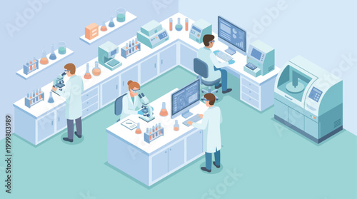 Isometric Medical Research Laboratory with Scientists, Healthcare Technology and Laboratory Equipment for Clinical Analysis, Scientific Discovery and Biotech Innovation, Vector Illustration