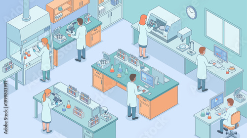 Isometric Hospital Laboratory Research Center with Scientists Working on Medical Experiments, Digital Analysis and Clinical Testing in Modern Biotech Science Facility