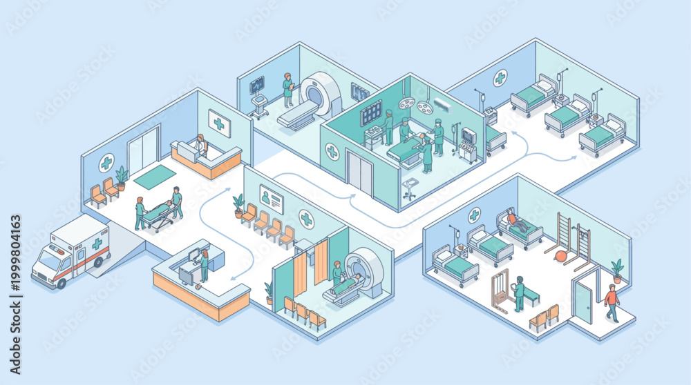 Fototapeta premium Isometric Hospital Facility Layout with Medical Staff and Patients, Flat Vector Illustration for Healthcare Infographics and Digital Health Presentations