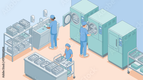 Isometric Hospital Central Sterile Supply Department with Medical Staff Cleaning Surgical Instruments