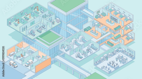 Isometric Hospital Building Cross Section with Medical Departments, Surgery Rooms, and MRI Scans for Healthcare Infographics and Medical Facility Planning